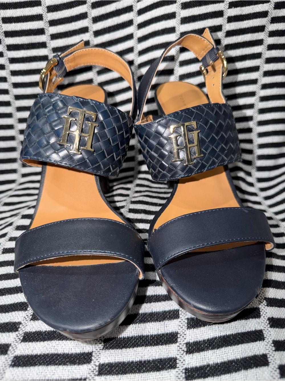 Women's Navy Tommy Hilfiger Braided Leather Slingback High Heels